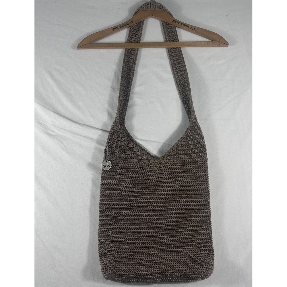 The Sak Taupe Crochet Shoulder Bag Medium Crossbody Purse Boho Style